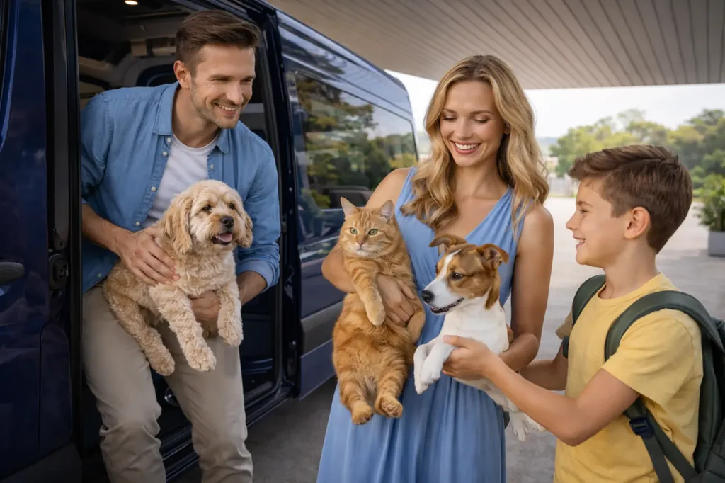 Family at the transport hub with pets