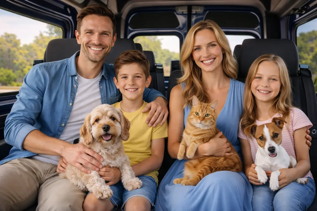 Family in the vehicle with pets