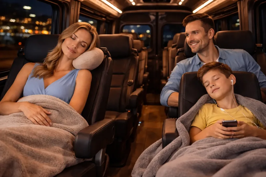 Family inside the vehicle at night